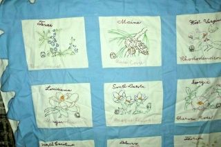 Vintage 50s Handmade Embroidered State Flower Patchwork Quilt Top 78 " X 70 " - Exc