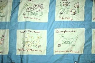 Vintage 50s Handmade Embroidered State Flower Patchwork Quilt Top 78 