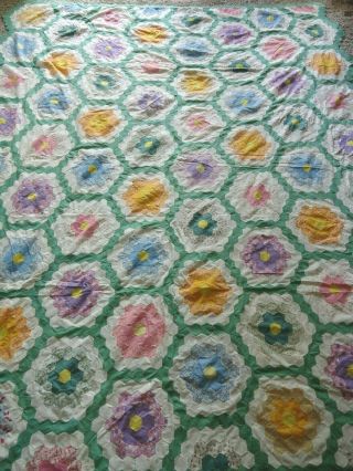 1930’s Handmade Quilt Topper Grandmother’s Garden Pastels 77” X 91”
