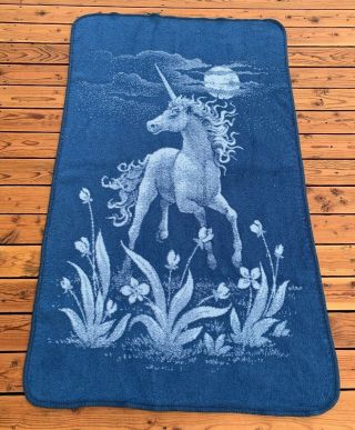 Vintage San Marcos Unicorn Blanket Blue Reversible 87 " X 47 "