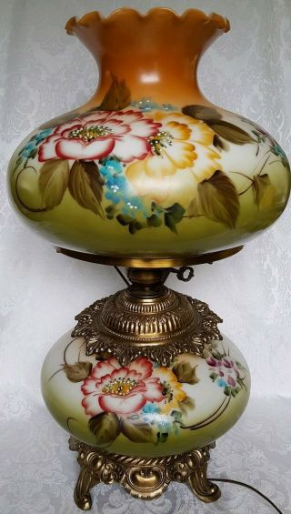 Vintage Gone With The Wind Hurricane Lamp Hand Painted Flowers 3 Way Gorgeous 24