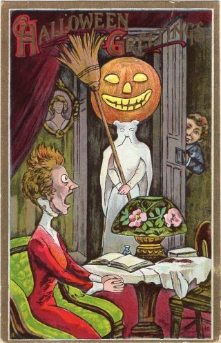 Halloween Postcard,  Copyright By Bamberger Florence - Frightened Lady,  Jol,  Boy