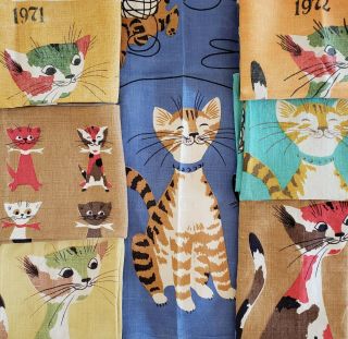7 Vtg Tammis Keefe Linen Cat Kitten Kitchen Tea Towels