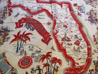 Vintage 1950 ' s Florida Map Souvenir Card Table Tablecloth Pre - Disney Piece 3