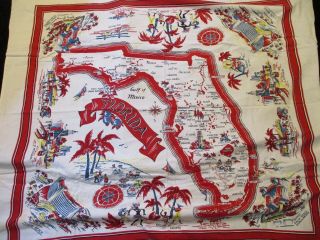 Vintage 1950 ' s Florida Map Souvenir Card Table Tablecloth Pre - Disney Piece 7