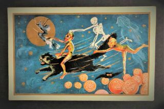 Antique Embossed Halloween Postcard Skeloton Ghost Witch Black Cat Devil 1912
