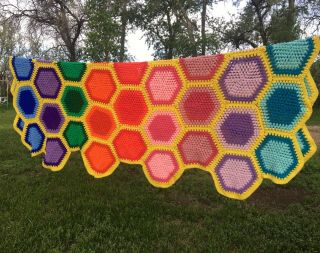 Vintage Hexagon Granny Square Crochet Afghan Blanket Throw Multi Color 48”x72”