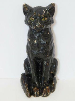 Antique Sitting Black Cat Doorstop Cast Iron Green Eyes National Foundry 1920s