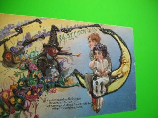 Vintage Halloween Postcard Nash Goblins Couple Seated On Crescent Moon Glitter