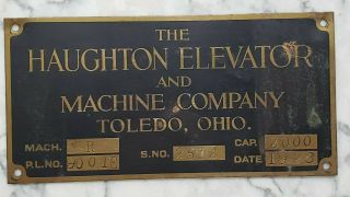 1926 Haughton Elevator Machine Co Toledo Ohio Plaque Brass Sign Nameplate