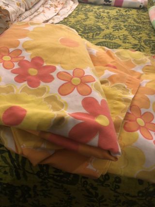 Vintage Wamsutta Orange Bright Flower Power Queen Flat Sheet Mod 2 Pillowcases