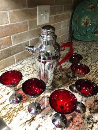 Art Deco Martini Cocktail Shaker Pitcher With 6 Ruby Glass Goblets Red Handle
