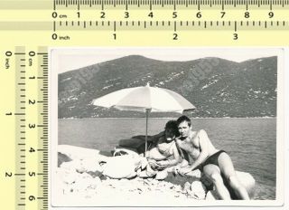 Couple On Beach,  Under Parasol Shirtless Man Hairy Chest Bikini Woman Old Photo