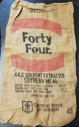 Vintage Forty Four Soybean Meal 100 Lbs.  Burlap Sack Bean Bag 38x21 Fort Wayne