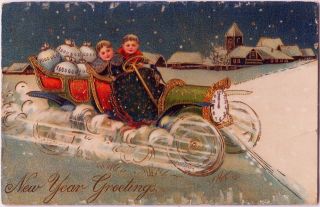 Antique Year Boys In Speeding Roadster Moneybags Stars Gold Gel Postcard Pfb