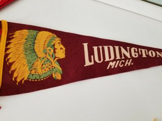 Vintage 1940s 1950s Felt Pennant Large Ludington,  Michigan With Indian