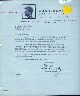 [PRESIDENT JOHN F.  KENNEDY] Group of six t.  l.  s. ,  with auto - pen or secretarial si 5