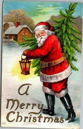 Santa Claus Carrying Lantern Tree C1909 Vintage Merry Christmas Postcard - K71
