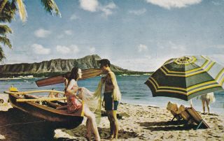 Diamond Head Waikiki Beach Long Surf Board Postcard 1950 
