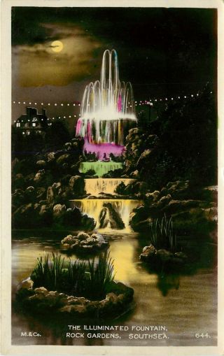 Hand - Colored Rppc; Illuminated Fountain,  Rock Gardens,  Southsea,  Portsmouth Uk