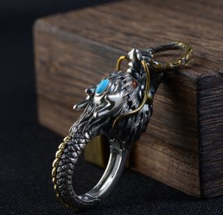 925 Sterling Silver Turquoise Retro Dragon Keyring Key Ring Keychain S1833