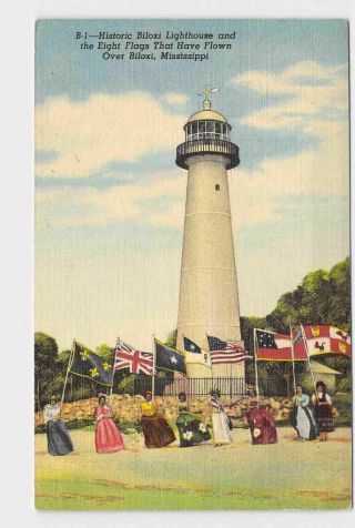Ppc Postcard Mississippi Biloxi Historic Lighthouse And Eight Flags 1956