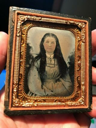 9th Plate Purple Glass Ambrotype Long Haired Woman Unusual Hairstyle Civil War