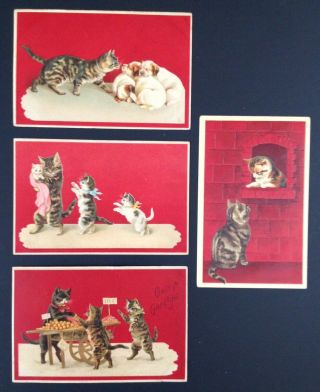 Vintage Cat Postcards (4) Red Backgrounds,  Drawn By Helena Maguire - Embossing