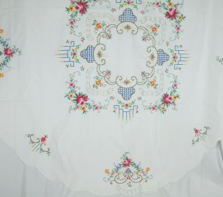 Vintage Hand Embroidered Tablecloth White Floral Lace Inserts Round 66 Inch