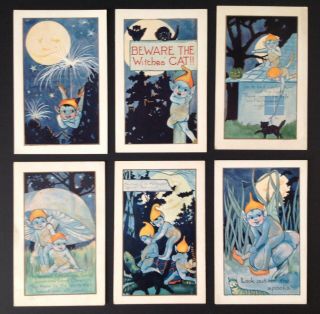 Vintage Whitey Halloween Postcards - Set Of 6 - Blue Elves,  Mushrooms,  Turtle