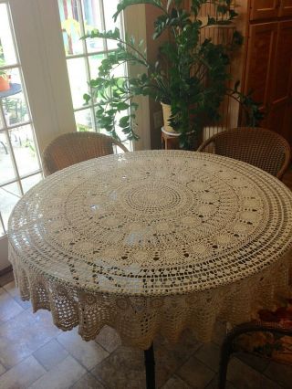 Round Crochet Lace Tablecloth Cream Color Size 67 Inches