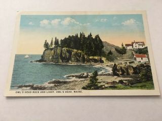 Vintage Postcard Unposted Lighthouse Owl’s Head Rock & Light Me Maine