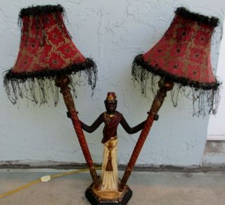 Oriental Accent Sudan Monkey Bellhop Two Light Table Lamp Fringe Shades