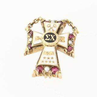 Sigma Chi Cross Badge 10k Yellow Gold Pearls Rubies Vintage Fraternity Pin 1945