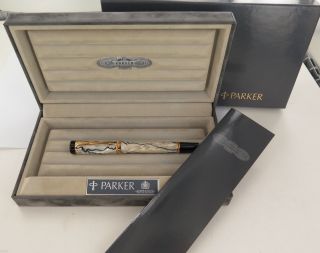 . Authentic Parker Pearl & Black Duofold Gold - Tone Rollerball Pen & Docs