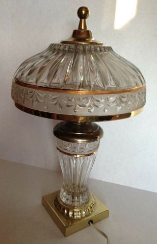 Vtg Brass Hand Cut Crystal Glass 2 Lights Table Lamp With Dome Shade