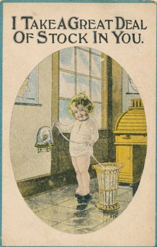 1914 Kewpie At Stock Ticker Tape Machine Cartoon Postcard