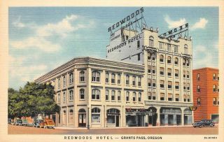 Redwoods Hotel Grants Pass,  Oregon Ca 1940s Vintage Linen Postcard