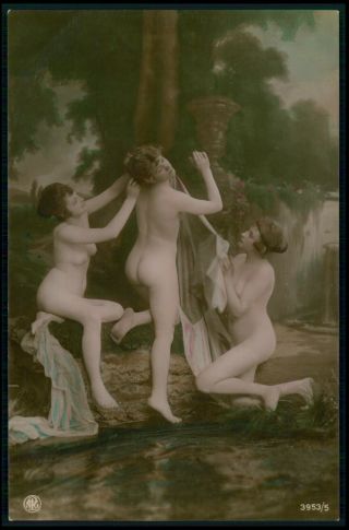 French German Nude Woman Three Graces 1910s Tinted Color Photo Postcard
