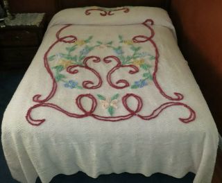 Vtg Pink With Burgundy & Floral Design Cotton Chenille Bedspread Double 77x108