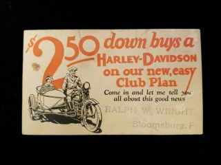Bloomsburg Pa Harley Davidson Motorcycle 1924 Club Plan Advertising Postcard