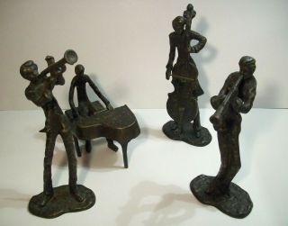 Vintage Brass Bronze Metal Band Figurine Set Of 4 Piano Player Trumpet Violin