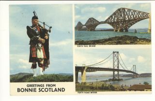 Vintage Postcard Greetings From Bonnie Scotland Forth Road Bridge Rail