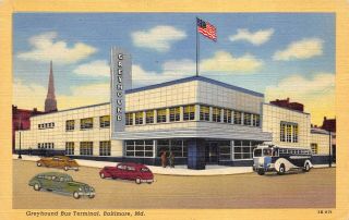 Baltimore Maryland Md 1940s Postcard Greyhound Bus Terminal Cars