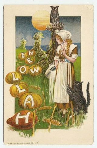 Halloween Girl In Corn Field Moon Black Cat Owl Pumpkins John Winsch Postcard