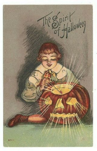 The Spirit Of Halloween Boy Lights Carved Pumpkin Glows Postcard
