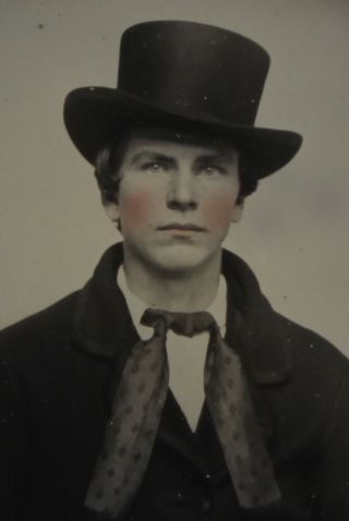 Handsome Man In Top Hat.  Sharp Ambrotype,  Tinted.  9th Plate,  Full Case.