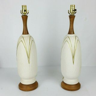 Pair Vintage Mid Century Tall Table Lamps Set Of 2 White Gold Ceramic Wood 25 "