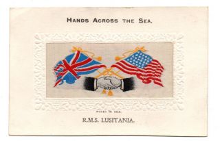 Woven In Silk Novelty Pc,  Rms Lusitania,  Cunard Line,  2 Flags & Hands C 1904 - 14