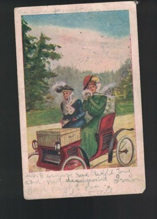 Two Ladies Driving Old Car Art Postcard 1900s